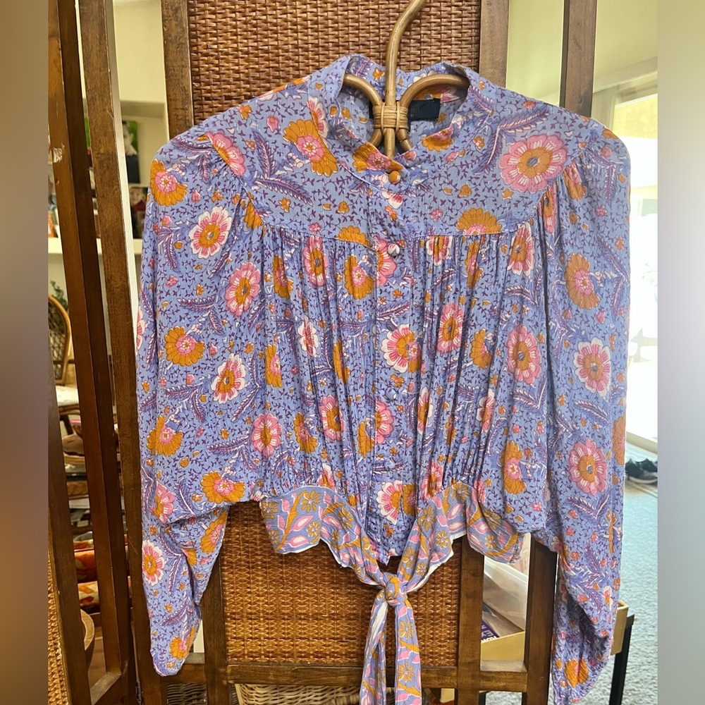 Rachel Lavender Floral Tie-Front Blouse with Pink and Mustard Accents